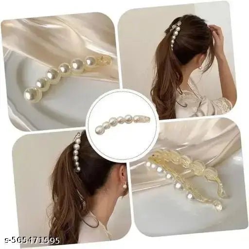 3 Pcs Women Shiny Artificial Pearls Hair Barrettes Luxurious Jewelry Acrylic Banana Clips Jaw Clamp Vintage Ponytail Holders - DIOEX